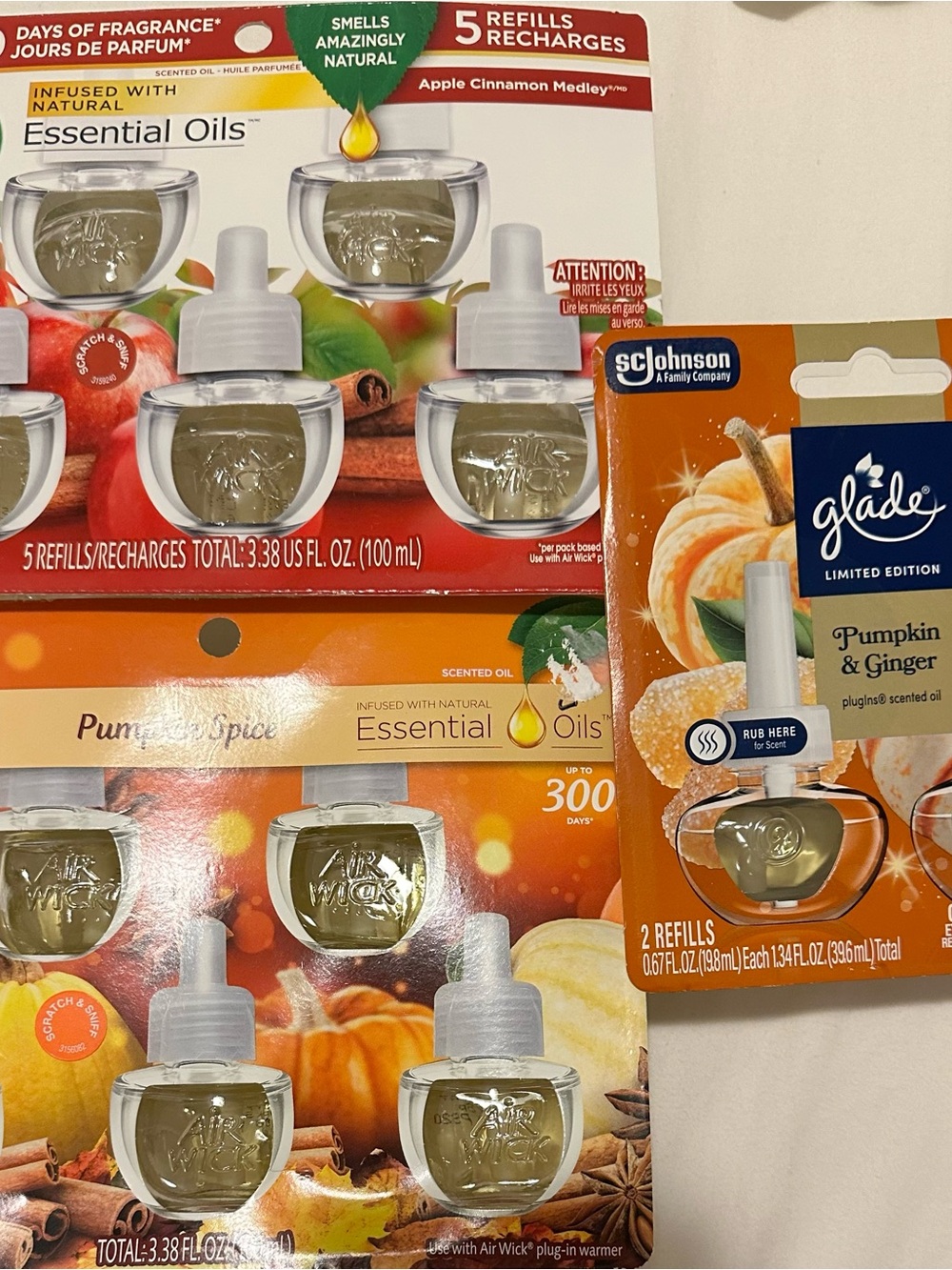 Lot of 3 Plugin Scented Oil Refills - Air Wick & Glade Fall Scents (12 refills)